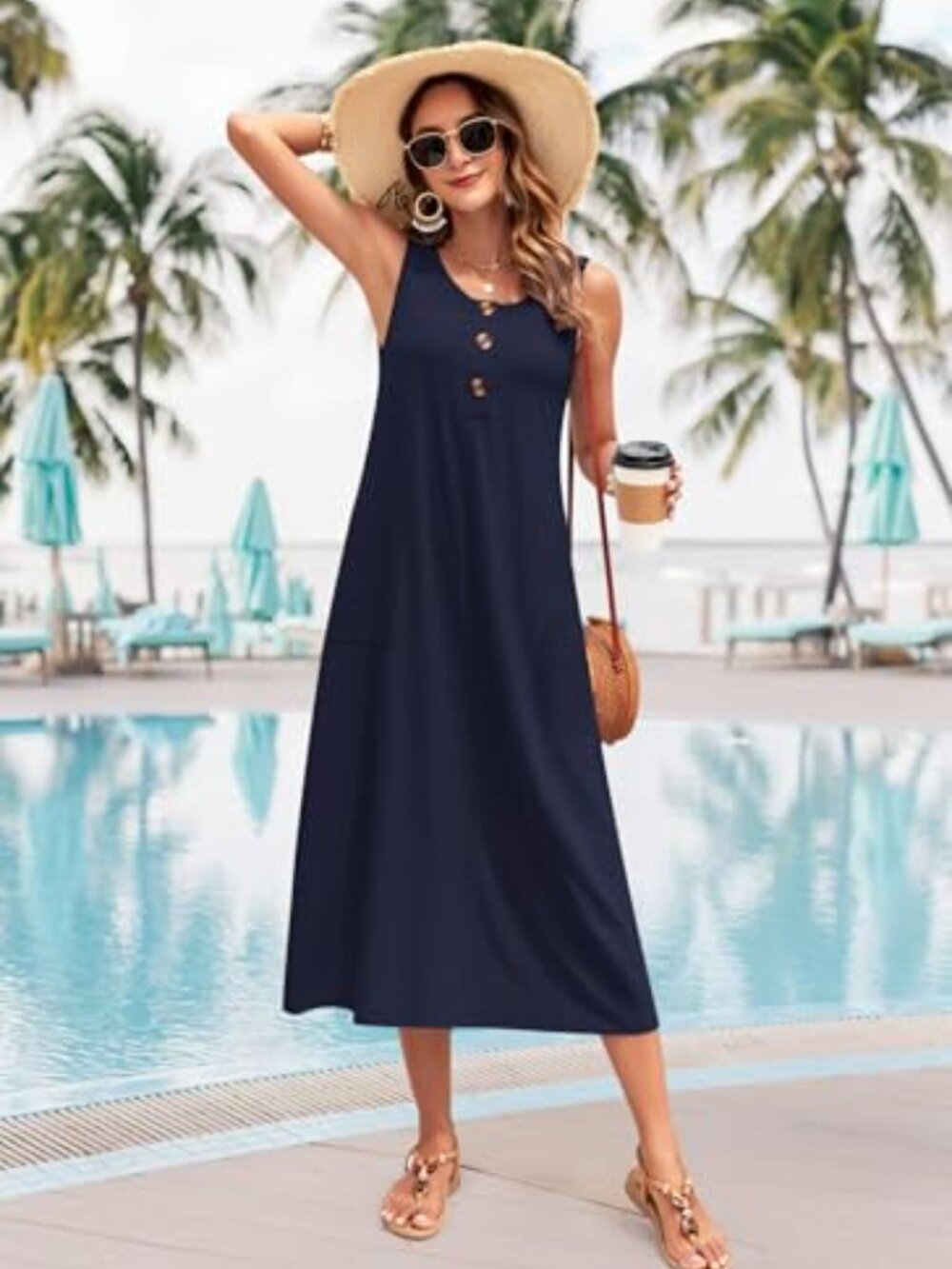 ๐ Women's Summer Dress Sleeveless Casual Beach Long A Line Sun Dress with - Picture 2 of 3
